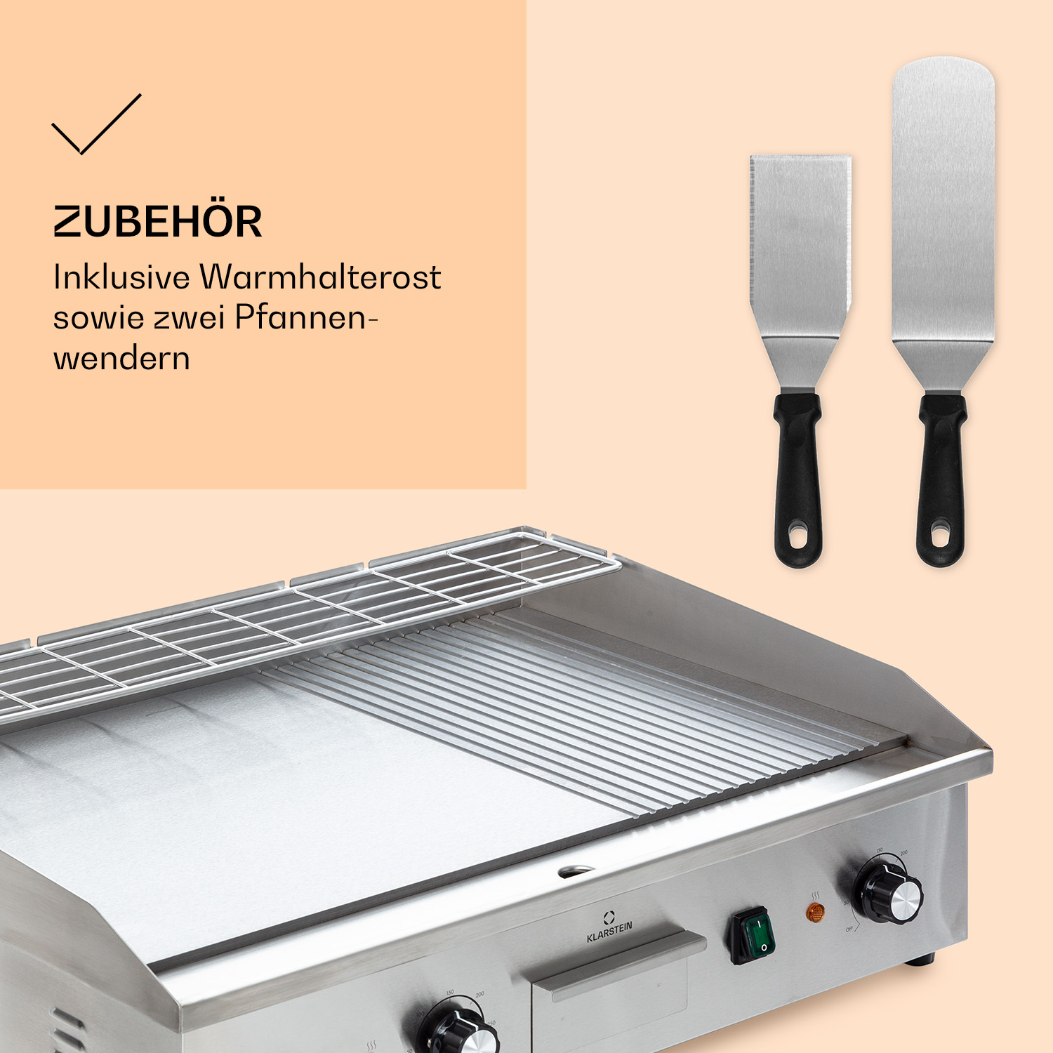 Grillplatte mit Warmhalterost und zwei Pfannenwendern