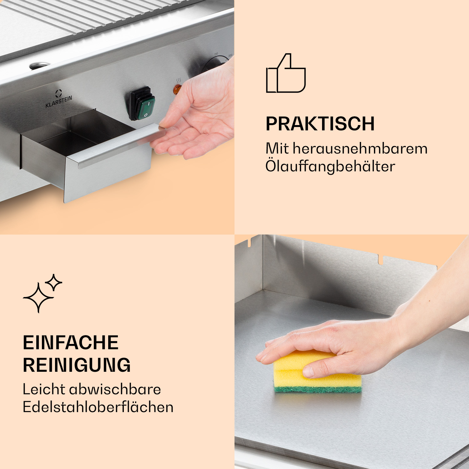 Edelstahl-Grill mit herausnehmbarer Fettauffangschale und Reinigungsschwamm.