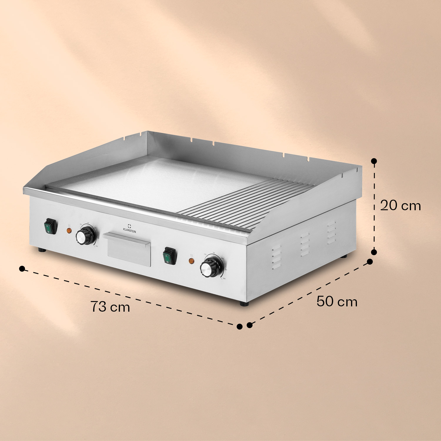 Edelstahl-Elektrogrill, 73x50x20cm, mit zwei Heizzonen und Bedienelementen.
