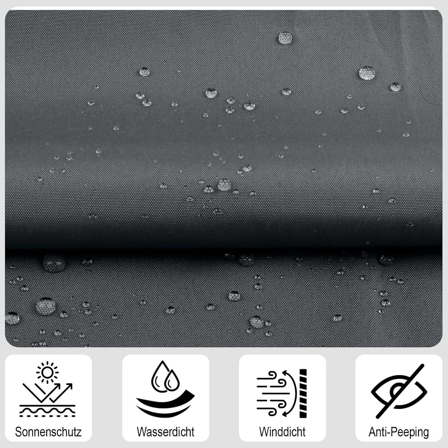 Grauer Stoff mit Wassertropfen, unten vier Icons: Sonnenschutz, Wasserdicht, Winddicht, Anti-Peeping.