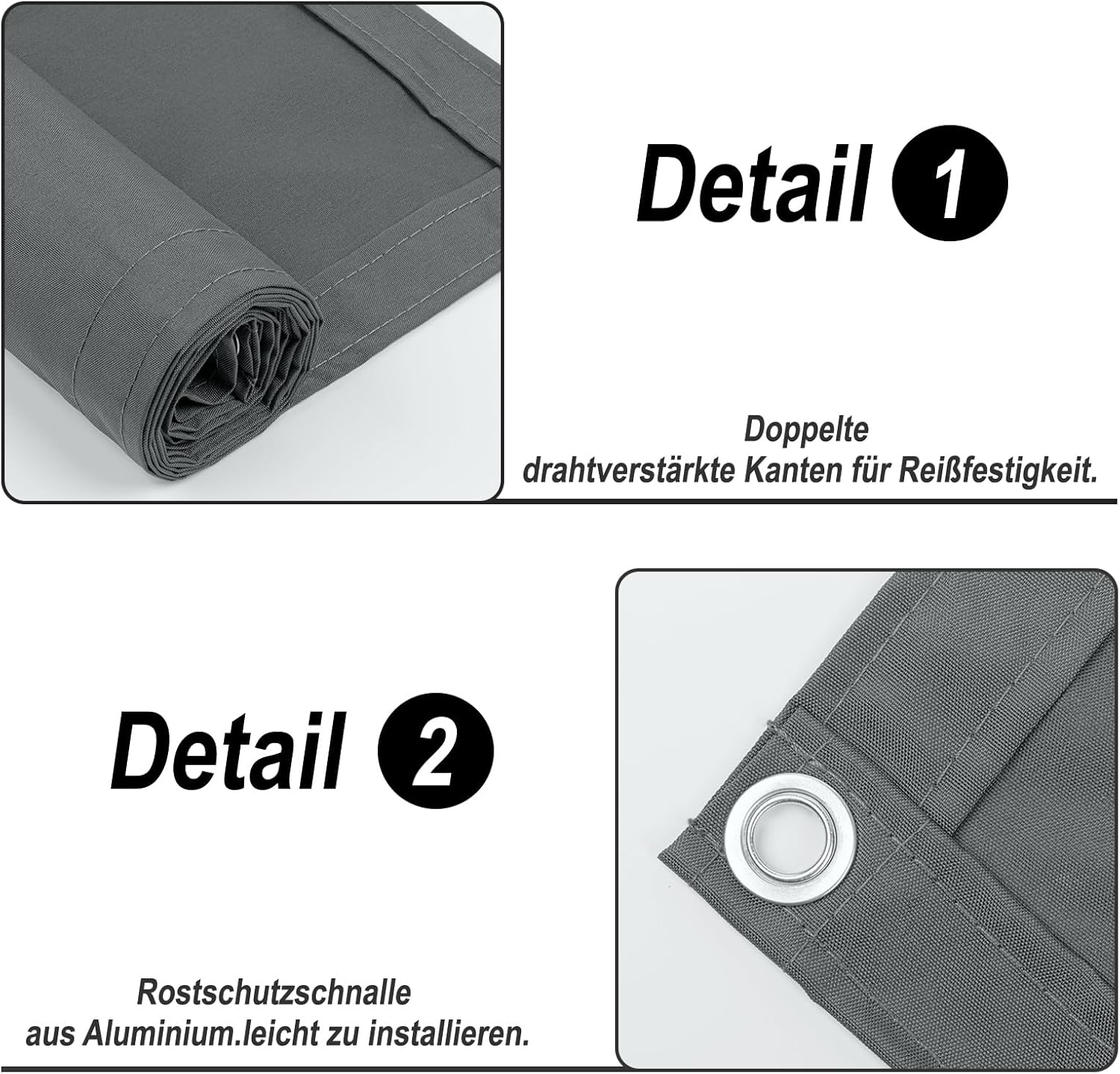 Graues Gewebe mit verstärkten Kanten und Ösen.