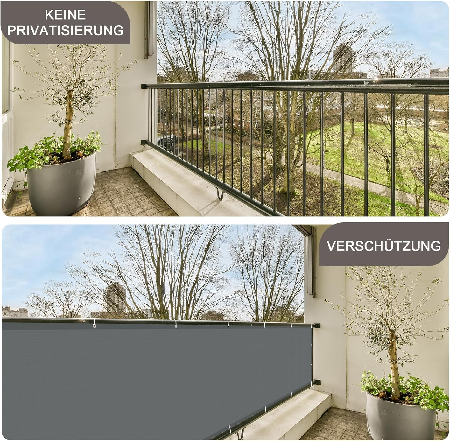 Balkon mit und ohne Sichtschutz. Baum im Topf auf Balkon, Blick in Park.