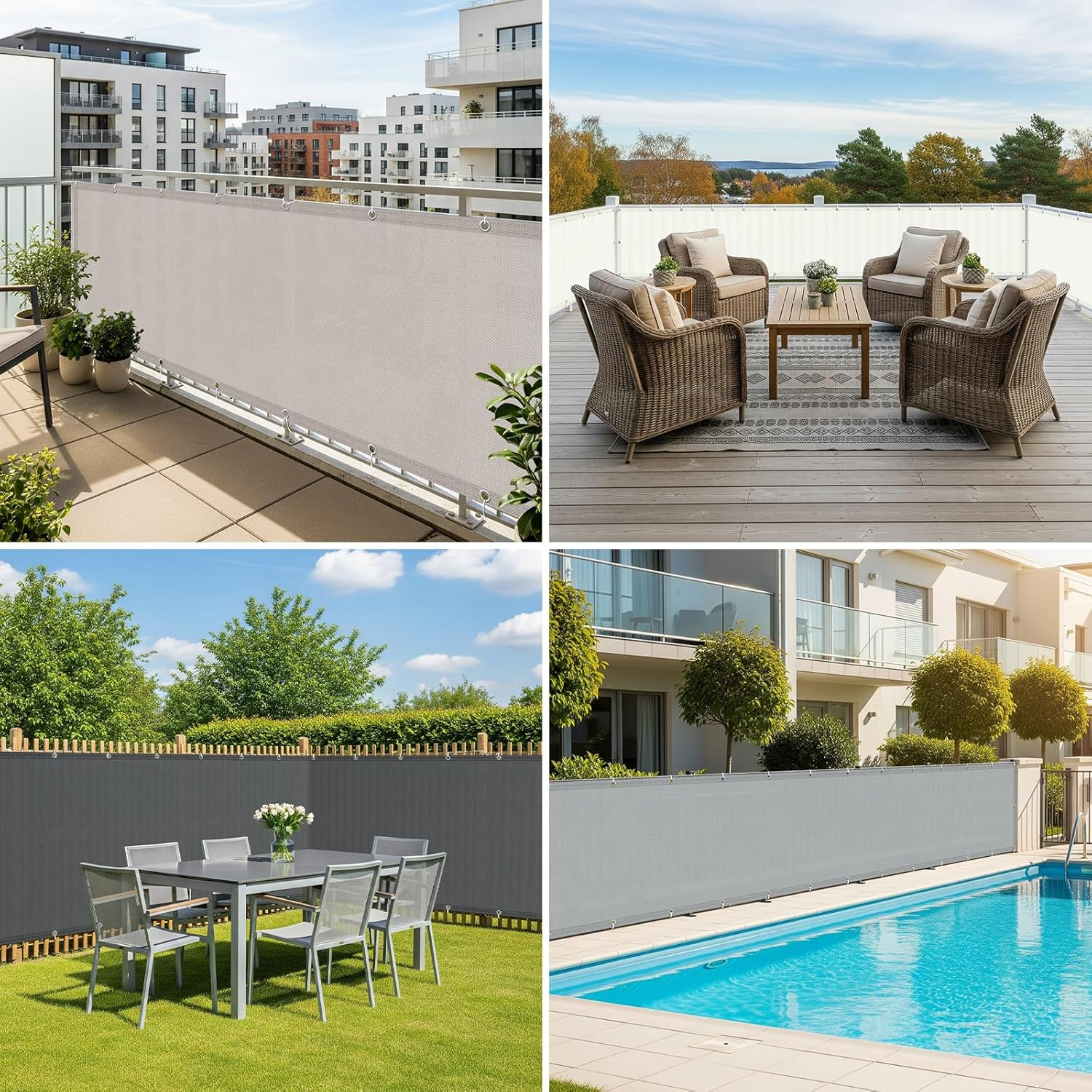 Vier Szenen zeigen Sichtschutz: Balkon, Terrasse, Garten, Pool.