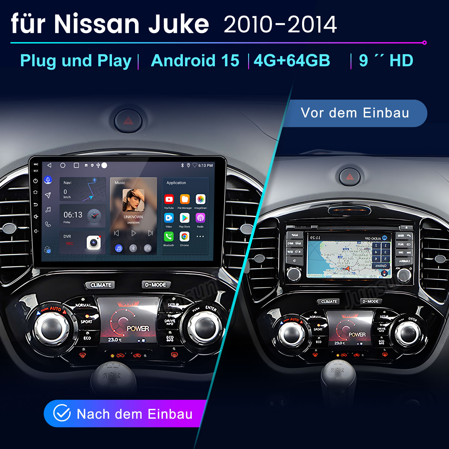 Vorher/Nachher-Vergleich eines Nissan Juke 2010-2014 Infotainmentsystems.
