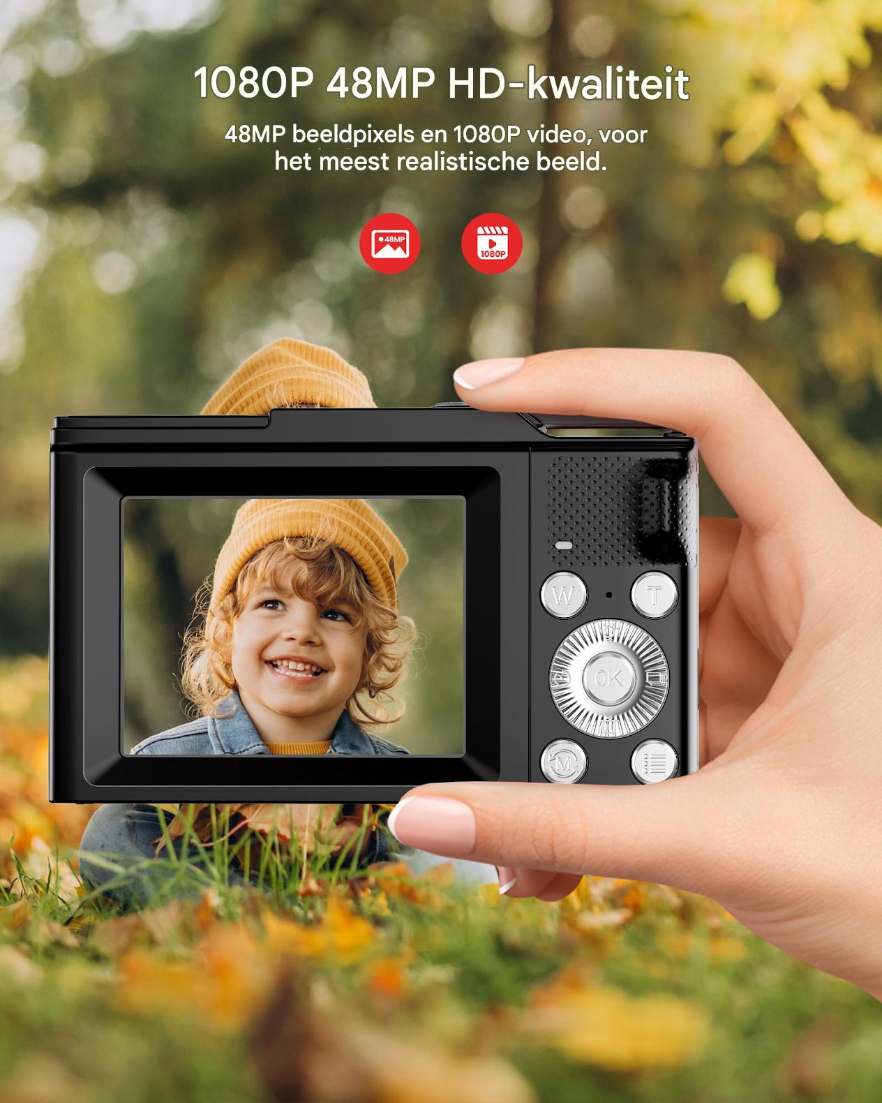 Eine Hand hält eine Digitalkamera, die ein lächelndes Kind zeigt. 48MP HD.