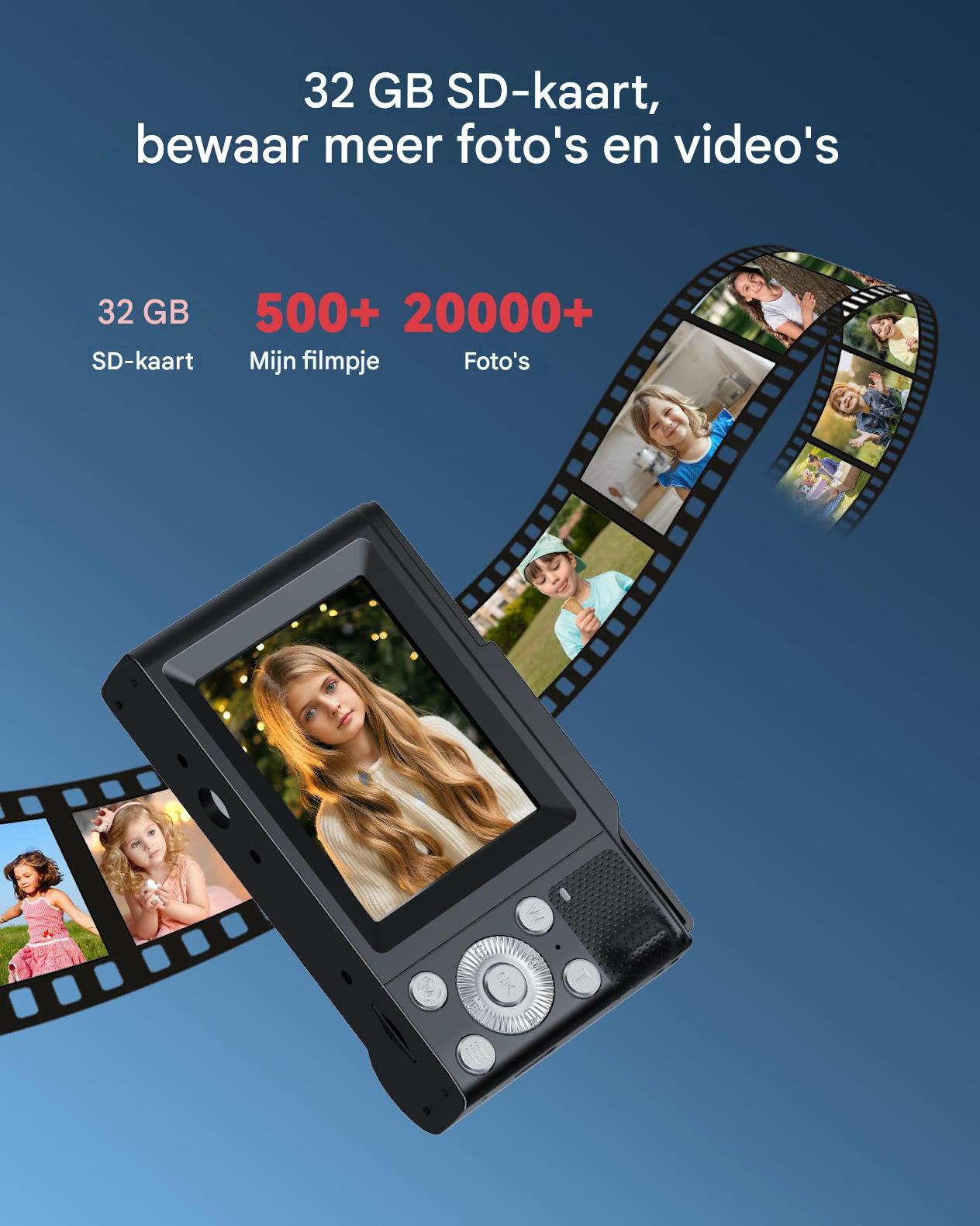 Kamera mit Filmrolle, zeigt Kinderfotos. Speichert 32 GB Fotos/Videos.