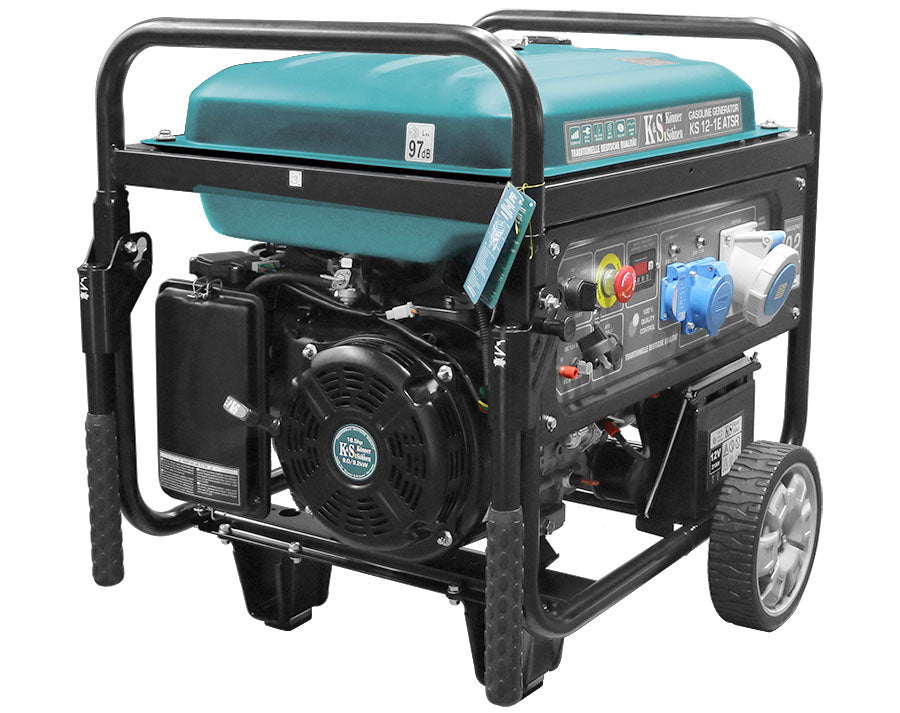 A teal gas generator with a black frame, wheels, and control panel.