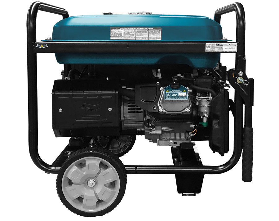 A black and teal portable generator with wheels and a sturdy frame on a white background, viewed from the side.