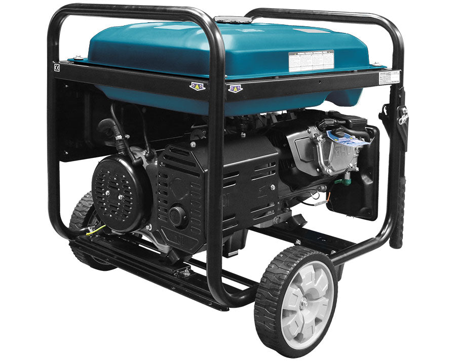 A portable generator with a blue tank, black frame, and two wheels.