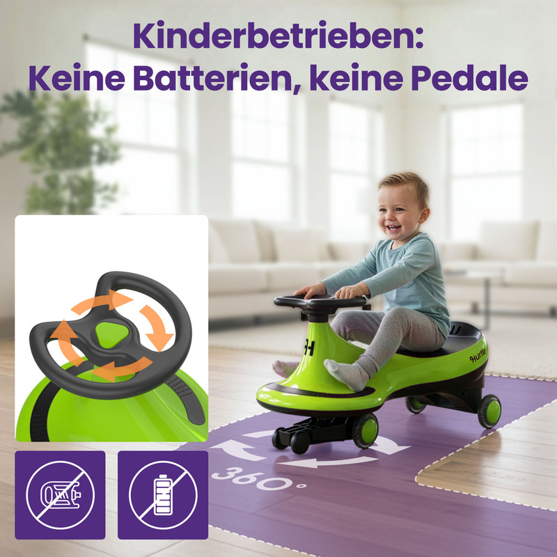 Ein lächelndes Baby fährt ein hellgrünes Spielzeugauto ohne Batterien oder Pedale.