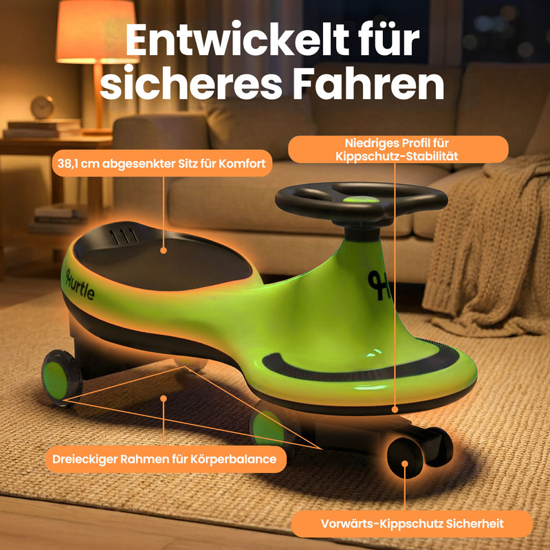 Ein grünes Kinderspielzeugauto mit Lenkrad und Rädern, in einem Wohnzimmer.
