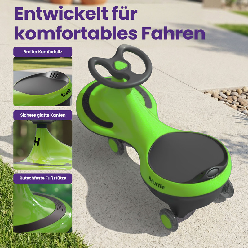 Helles grünes Spielzeug zum Aufsitzen mit schwarzem Sitz und Lenkrad auf Beton.