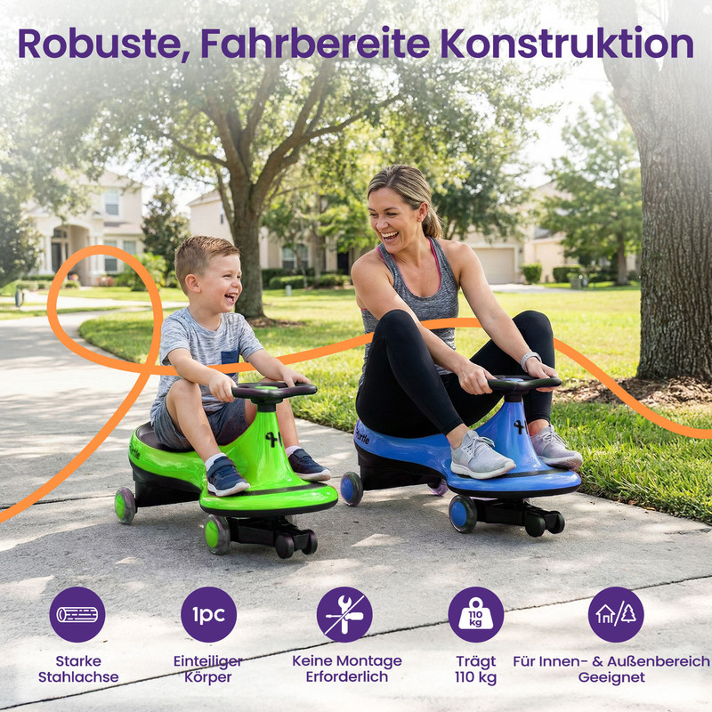 Ein Junge auf einem grünen und eine Frau auf einem blauen Ride-on Spielzeug im Freien.