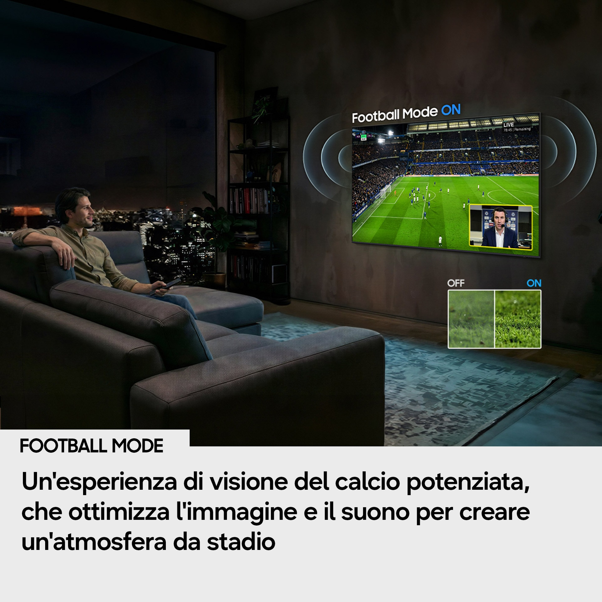 Uomo su divano guarda partita di calcio in TV. Modalità Calcio ON.