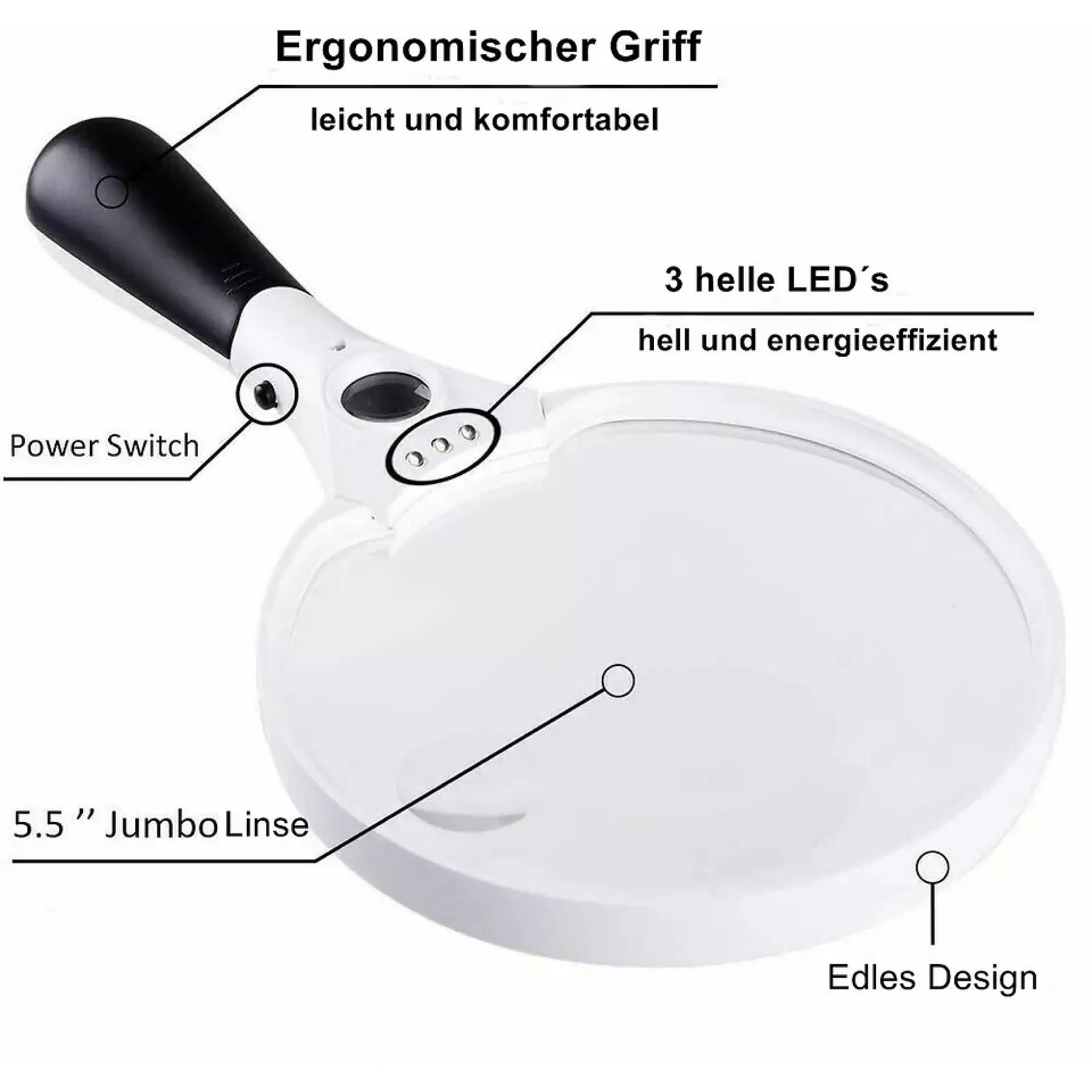 Vergrößerungsglas mit schwarzem Griff, 5,5-Zoll-Linse und 3 LEDs.