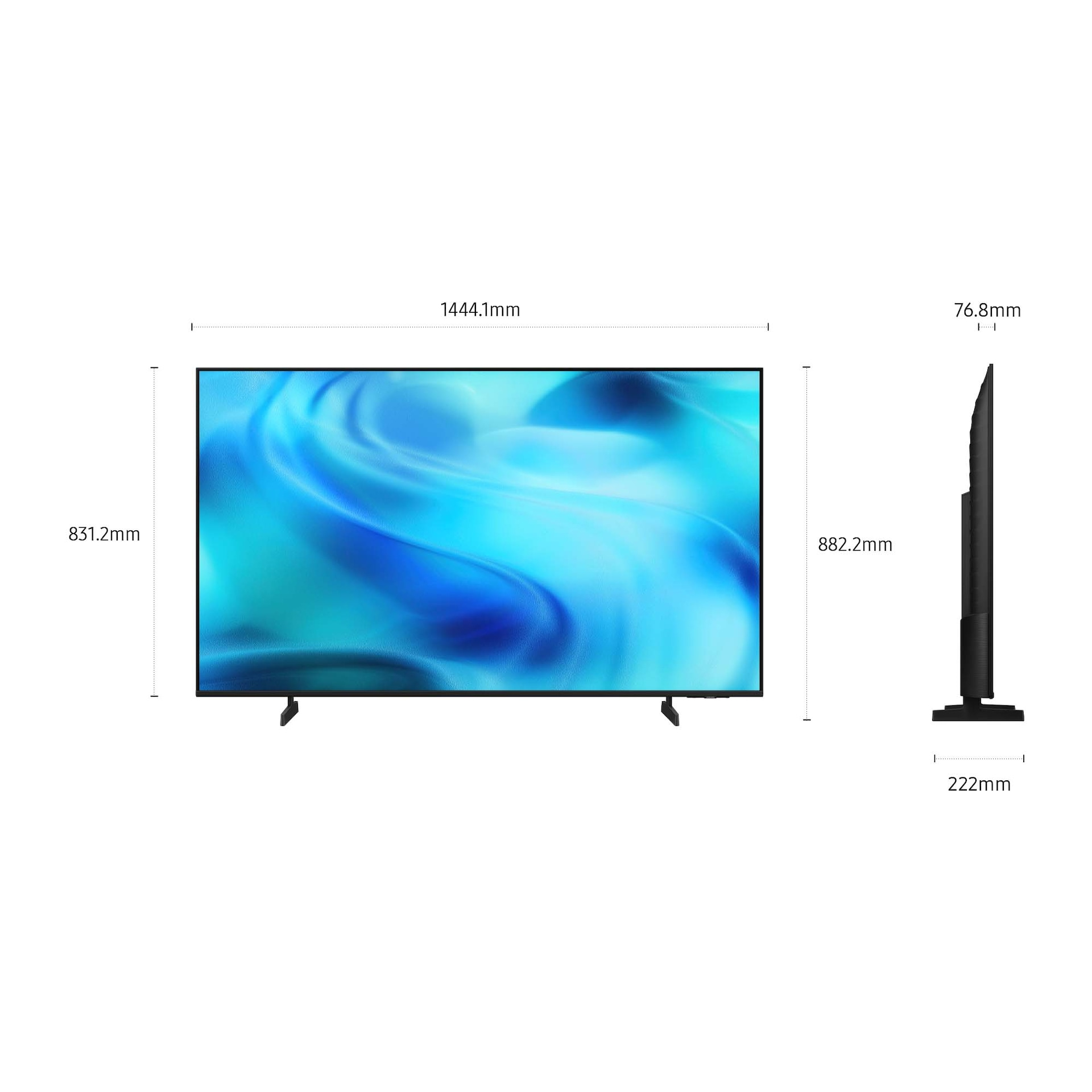 Un grande schermo TV con motivi astratti blu e bianchi. Le dimensioni sono indicate.