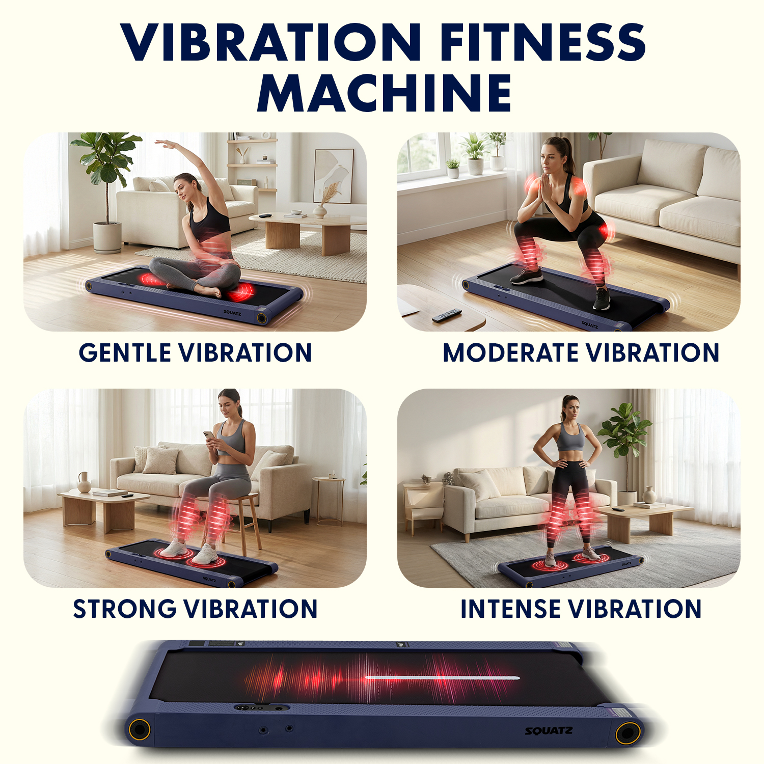 Vier Bilder, die eine Frau in verschiedenen Posen und Vibrationsstufen mit einer Vibrations-Fitnessmaschine zeigen.