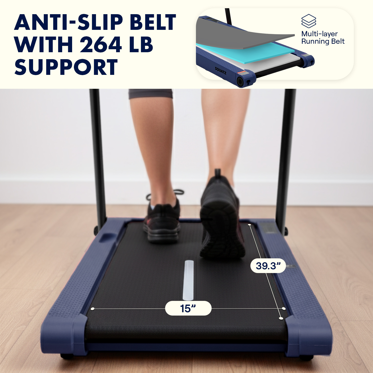 Laufband mit 15 "x 39,3" Lauffläche und Text, der den "rutschfesten Gürtel" hervorhebt.