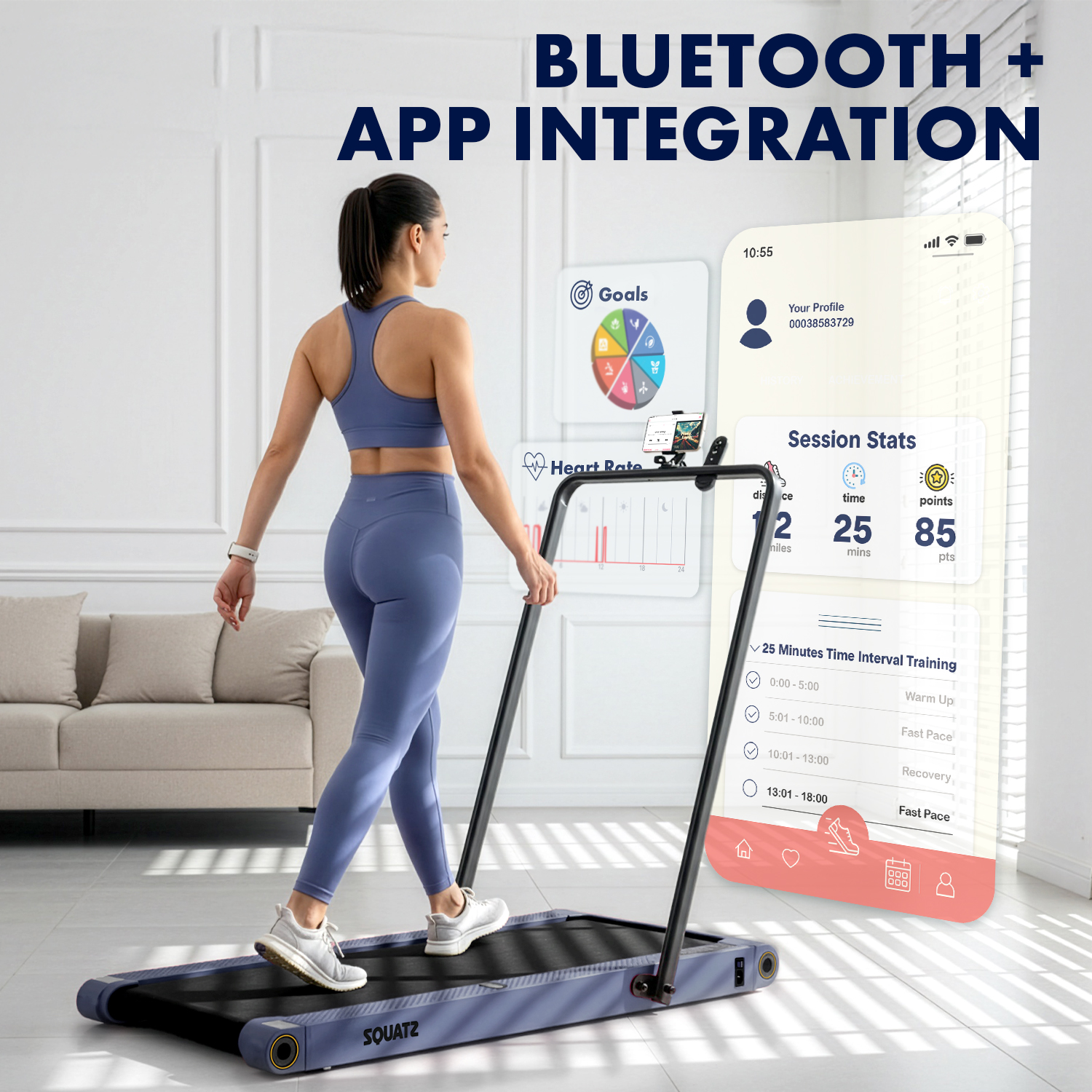Eine Frau auf einem Laufband mit einer App-Anzeige, die Trainingsstatistiken zeigt.