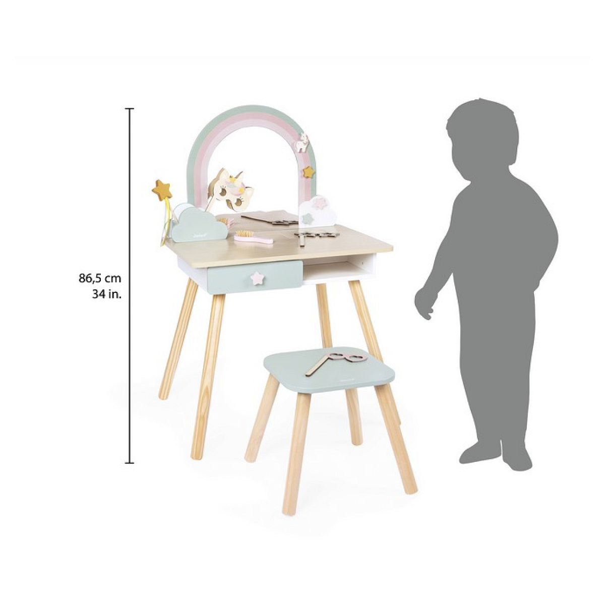 Ein Kinderschminktisch mit Spiegel im Regenbogen-Design, Stuhl und Zubehör.