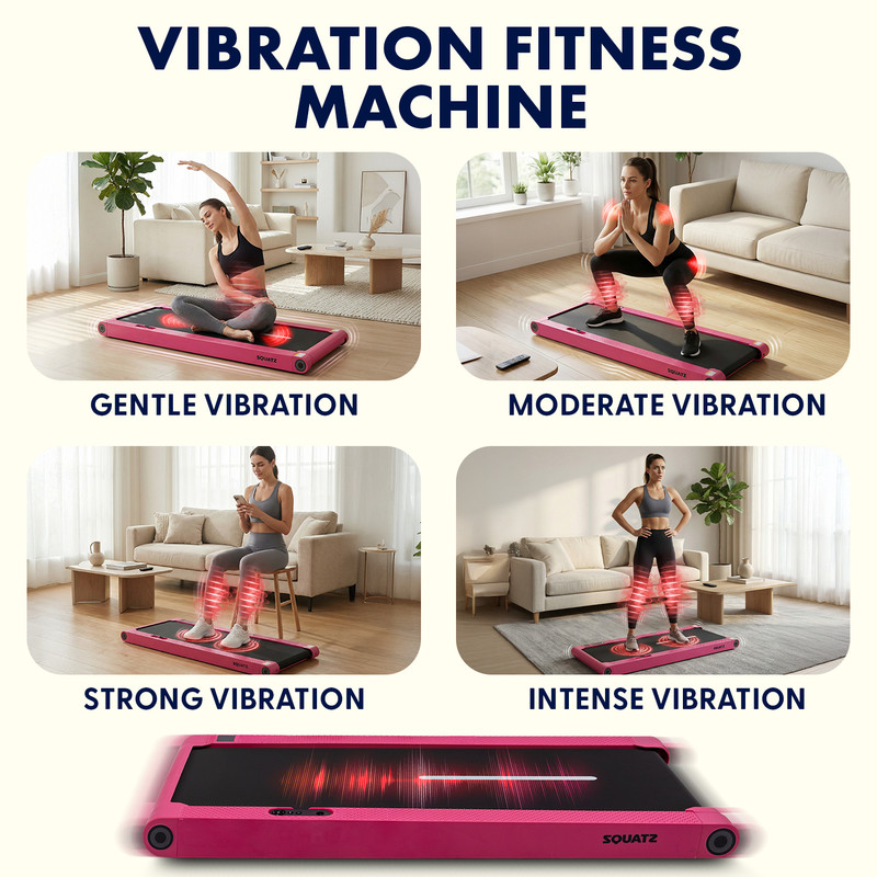 Vibrations-Fitnessgerät mit vier Übungen: sanft, moderat, stark, intensiv.