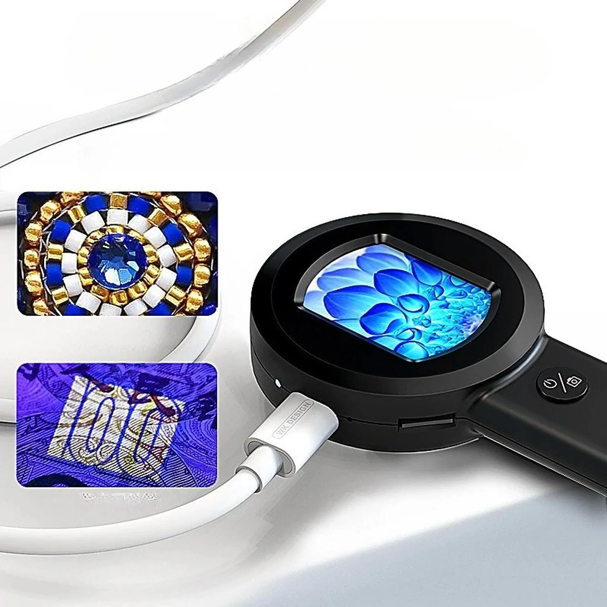 Ein schwarzes Vergrößerungsglas mit USB-C-Anschluss und zwei kleinen Bildschirmen.