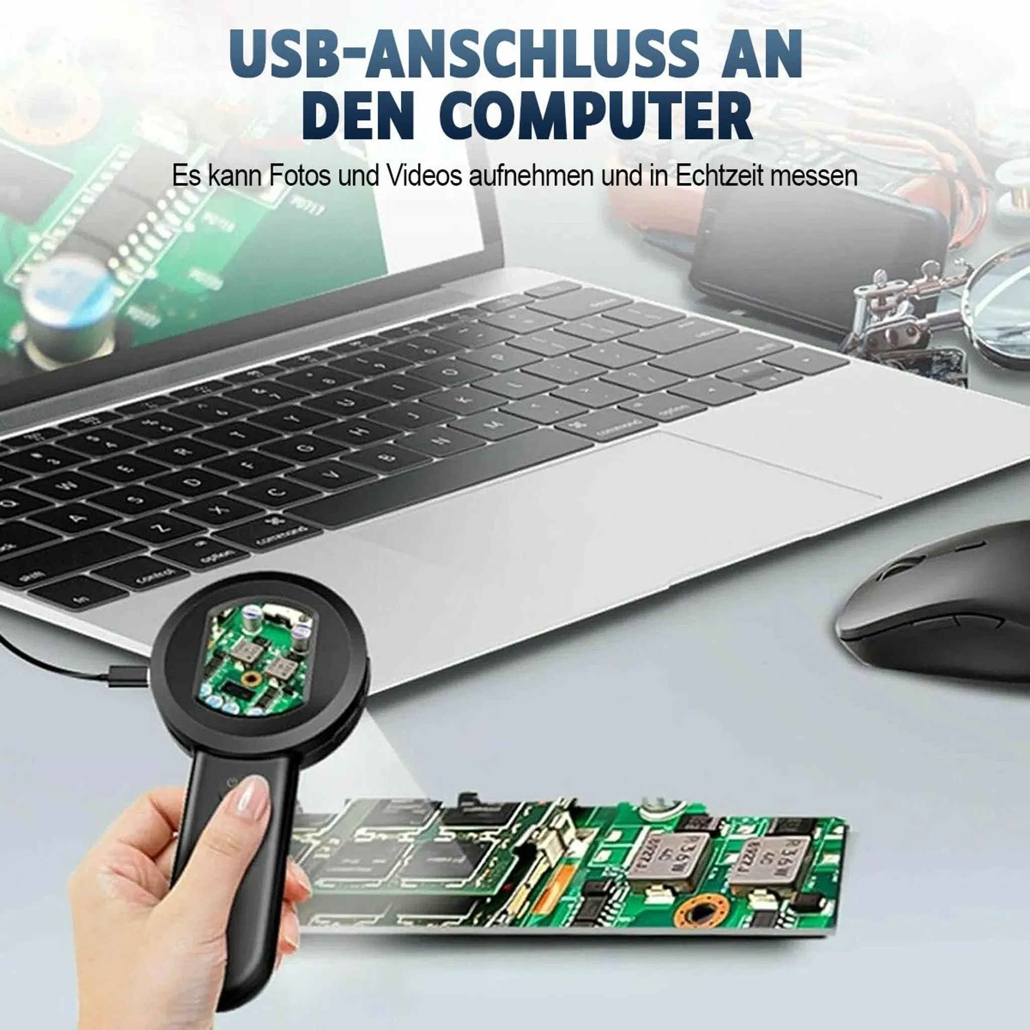 Ein USB-Mikroskop wird verwendet, um eine Leiterplatte neben einem Laptop zu untersuchen.