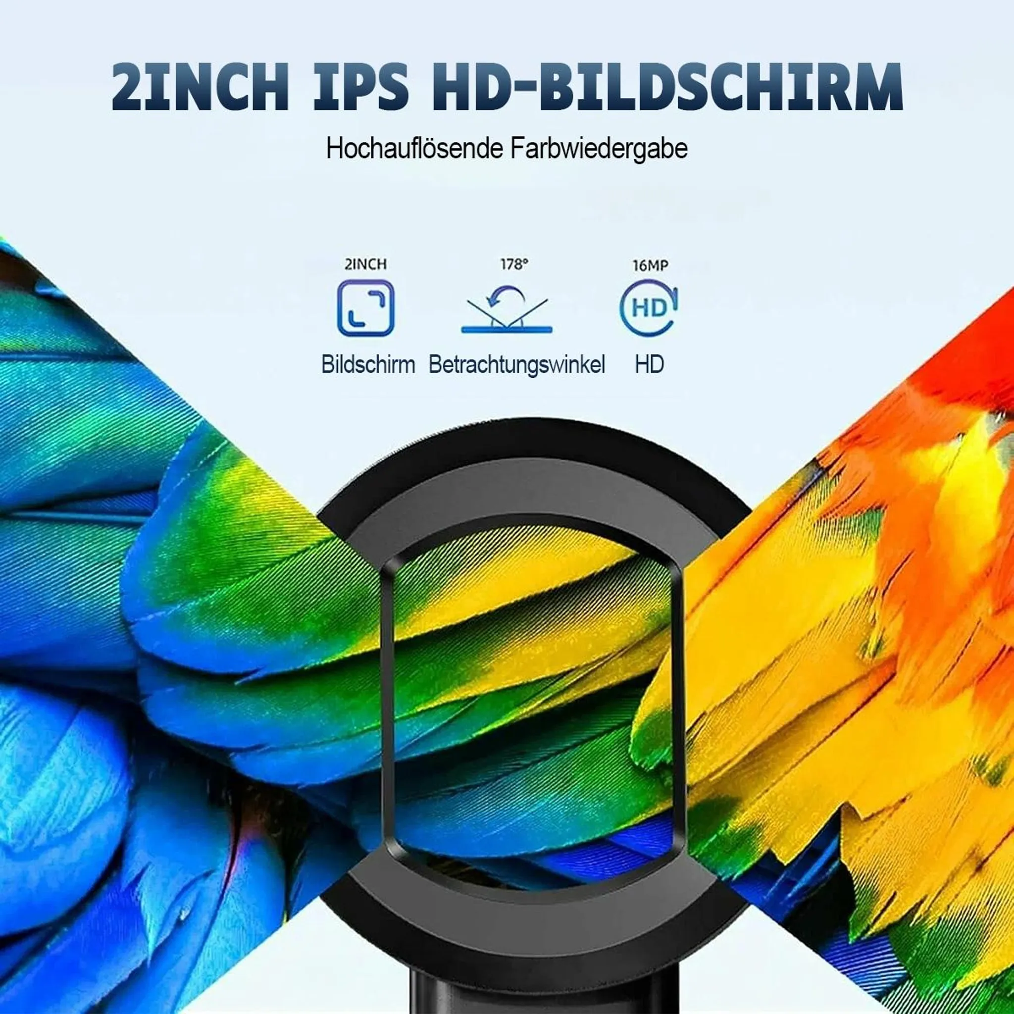Ein Bildschirm mit Federn in Blau, Grün und Gelb. Text beschreibt 2 Zoll IPS HD-Bildschirm.