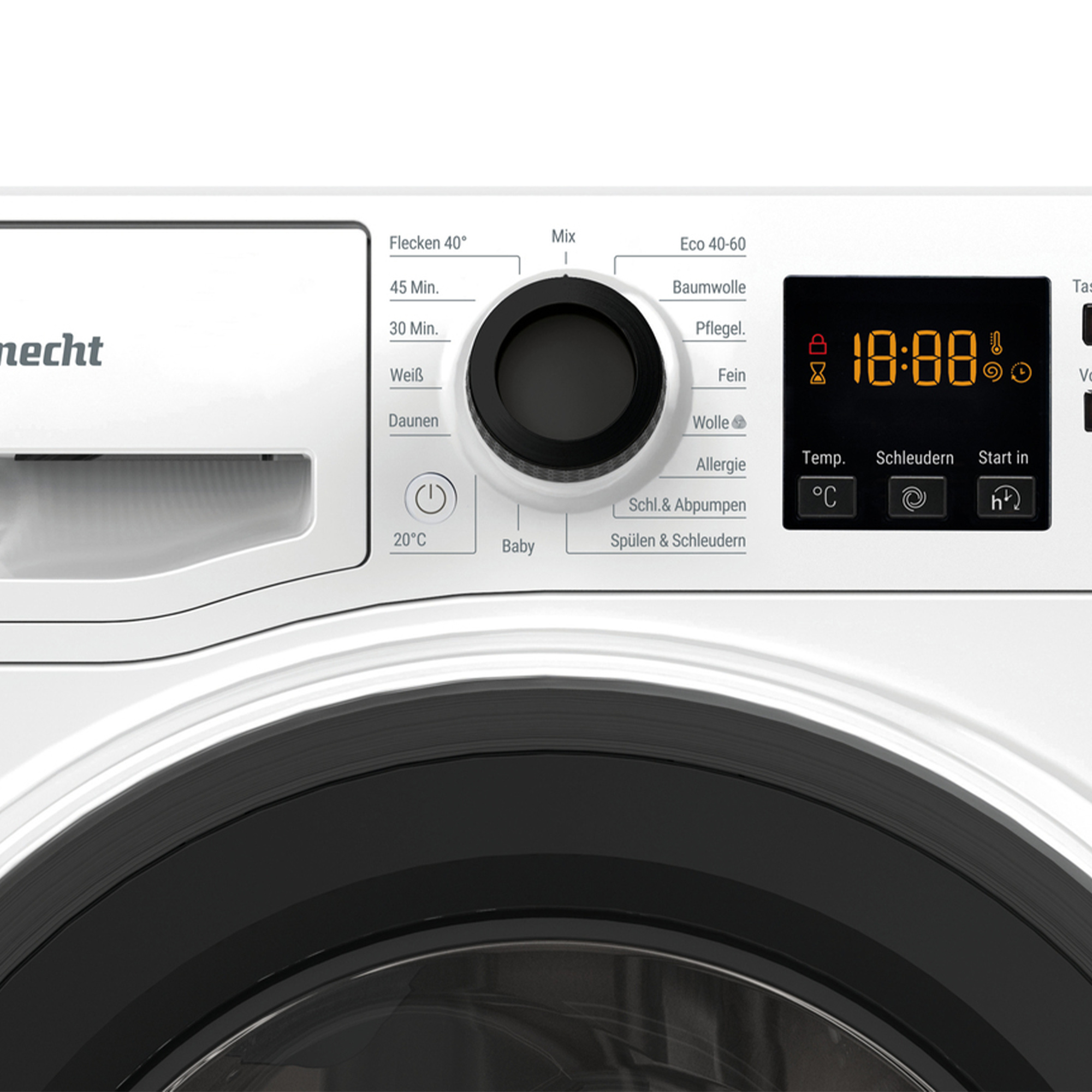 Eine weiße Waschmaschine mit einem digitalen Display, das 10:00 anzeigt.