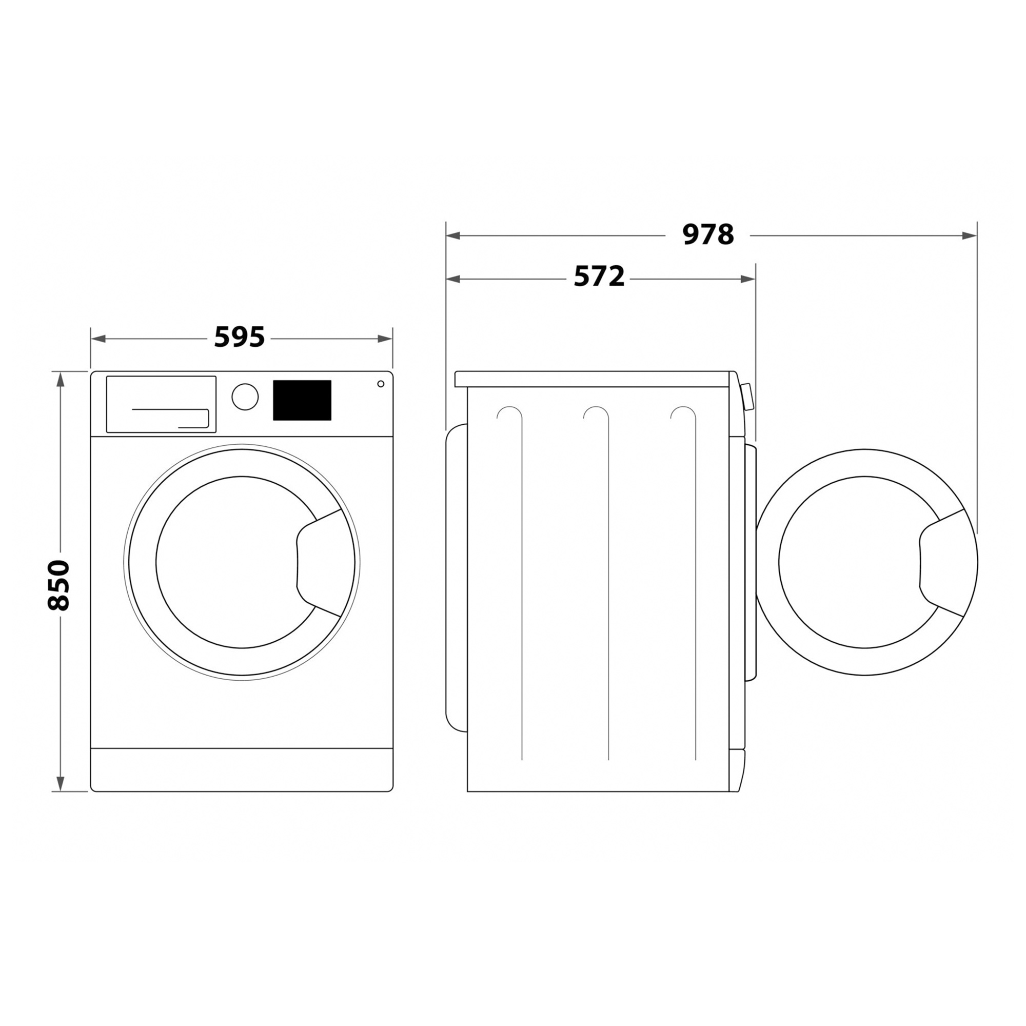 Technische Zeichnung einer Waschmaschine mit Bemaßungen für Höhe, Breite und Tiefe.