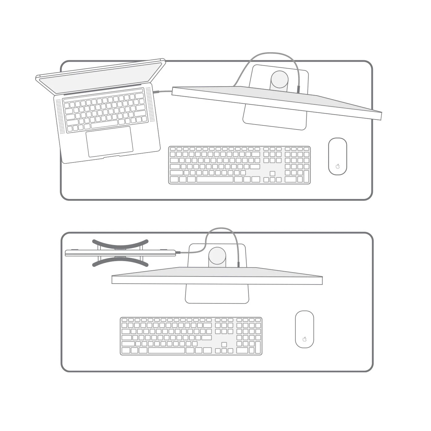 In alto: Laptop, monitor, tastiera, mouse. In basso: Monitor, tastiera, mouse, supporto.