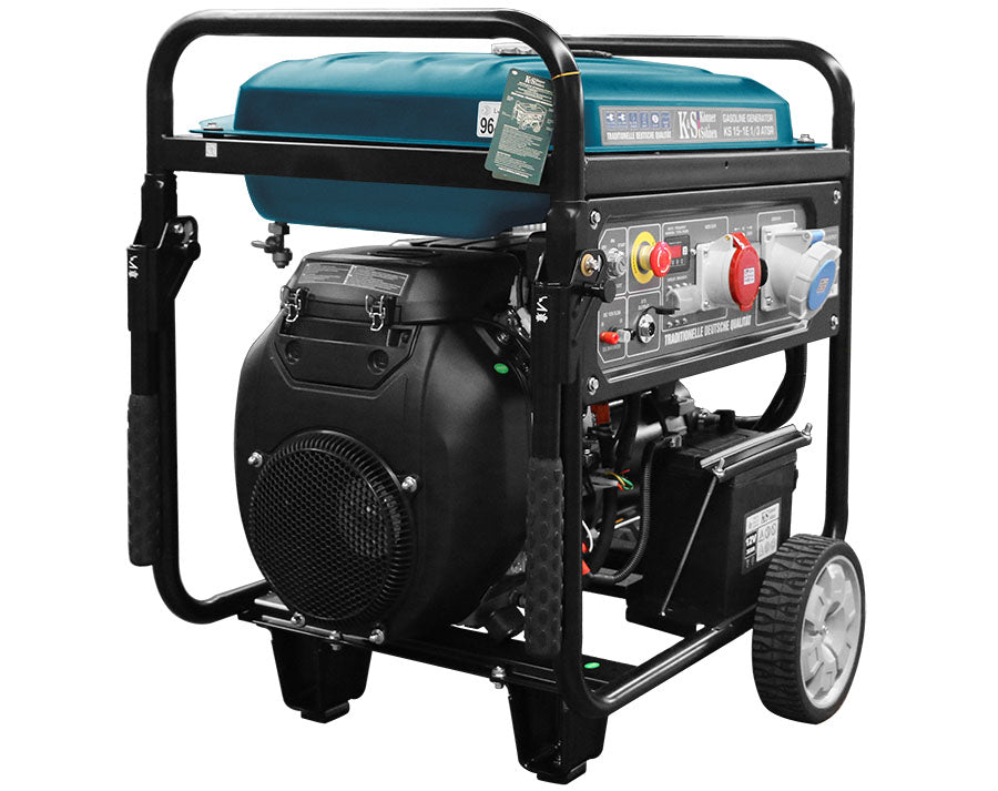 A teal gasoline generator with a black metal frame, wheels, and control panel.