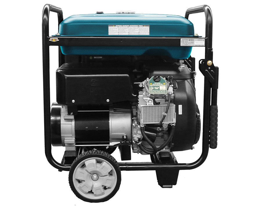 A portable generator with a blue fuel tank, black engine, and wheels.