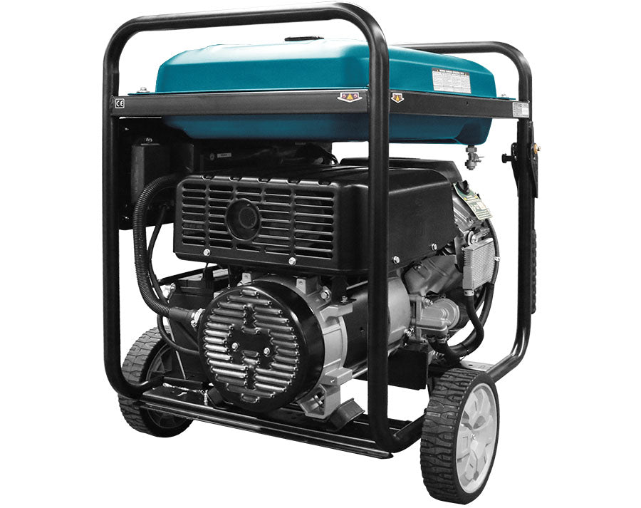 A portable generator with a turquoise fuel tank, black frame, and wheels.