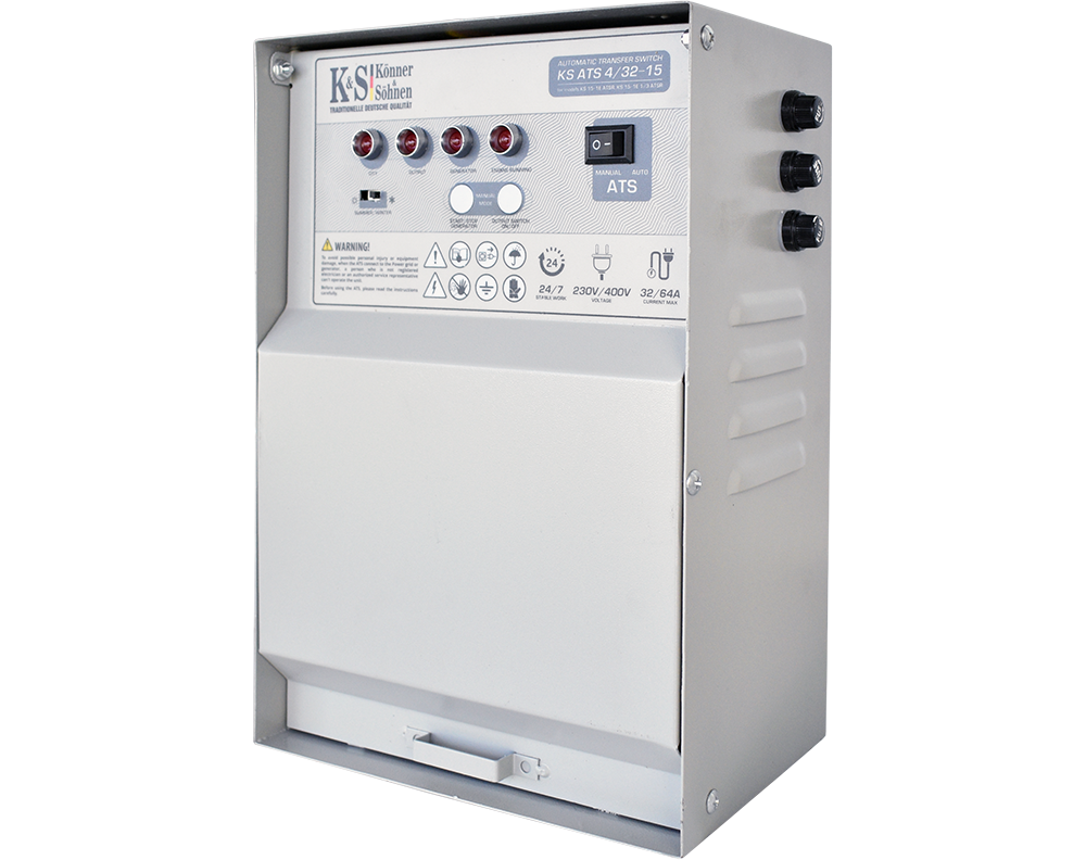 A gray ATS device with buttons, switches, and warning labels.