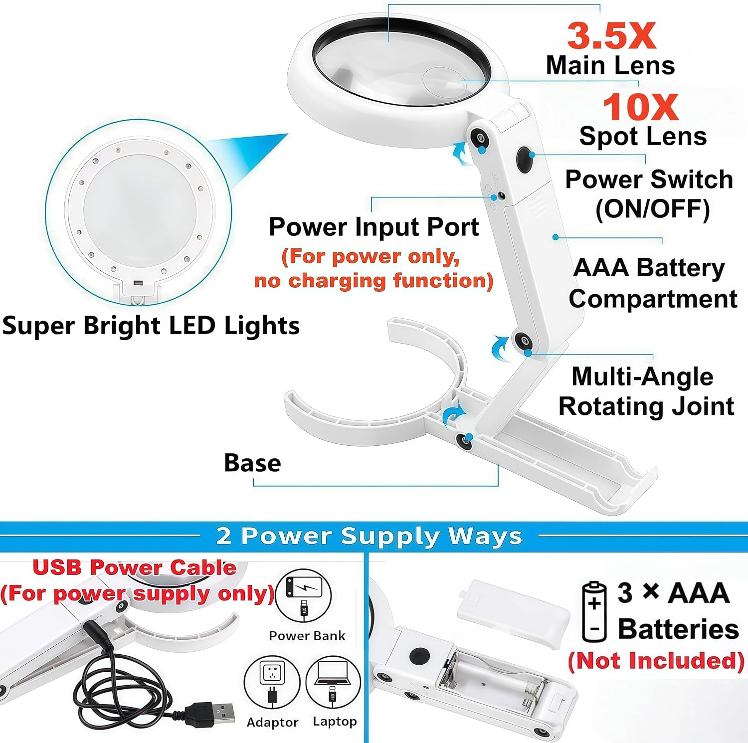 Vergrößerungsglas mit LED-Leuchten, USB-Anschluss, Batteriefach und verstellbarem Gelenk.