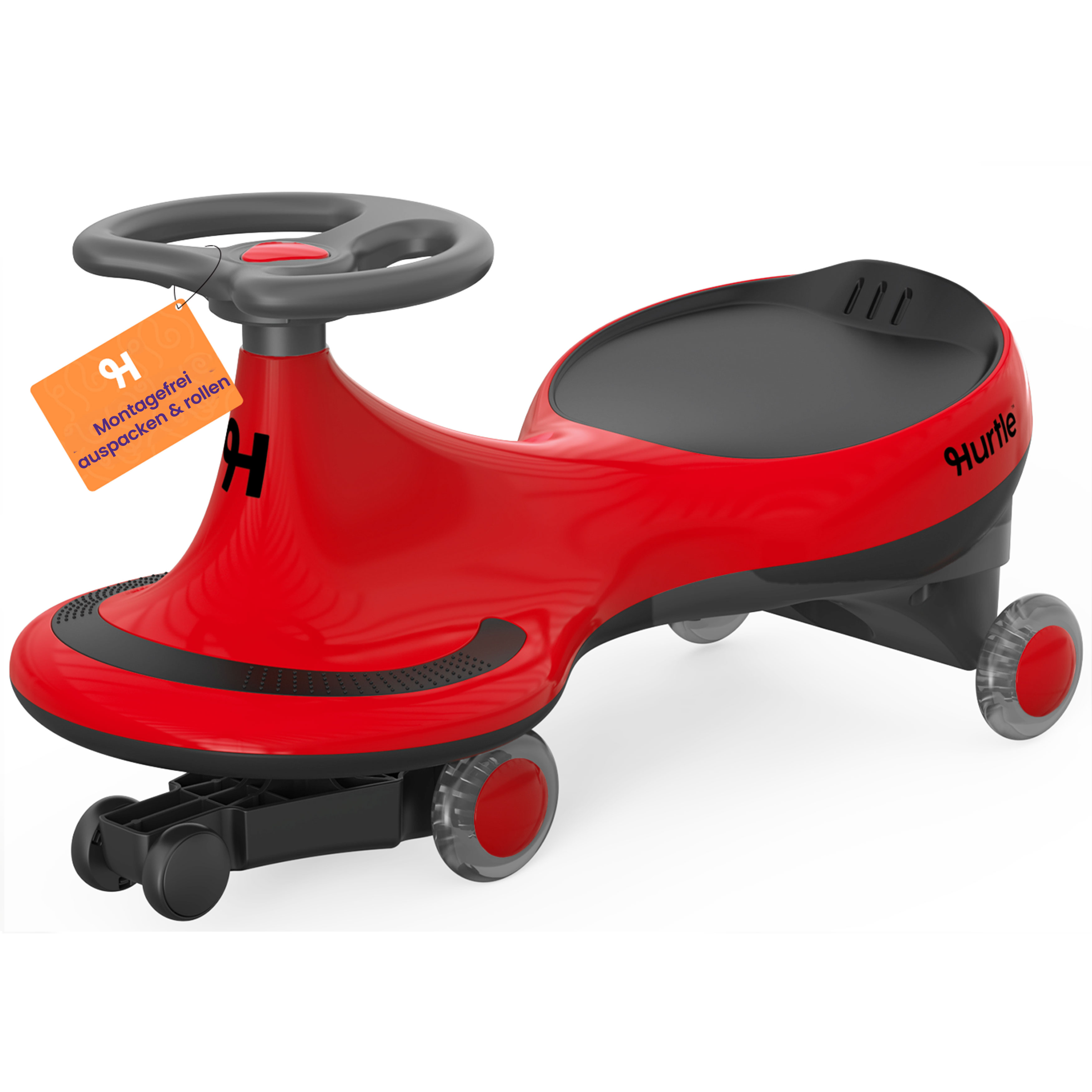 Ein rotes und schwarzes Spielzeugauto mit Lenkrad und vier Rädern.