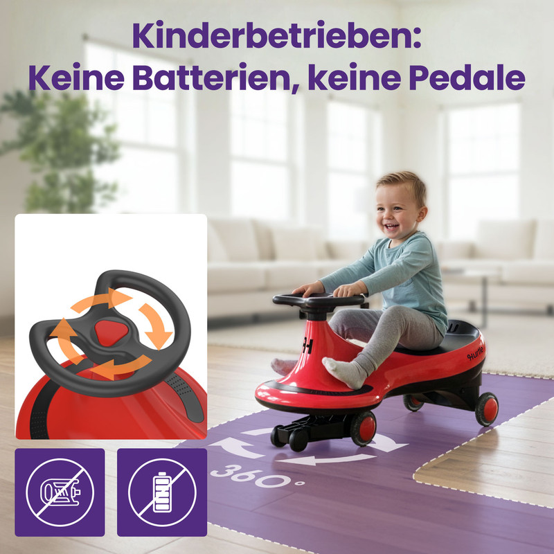 Ein lächelndes Baby fährt ein rotes Spielzeugauto ohne Batterien oder Pedale.