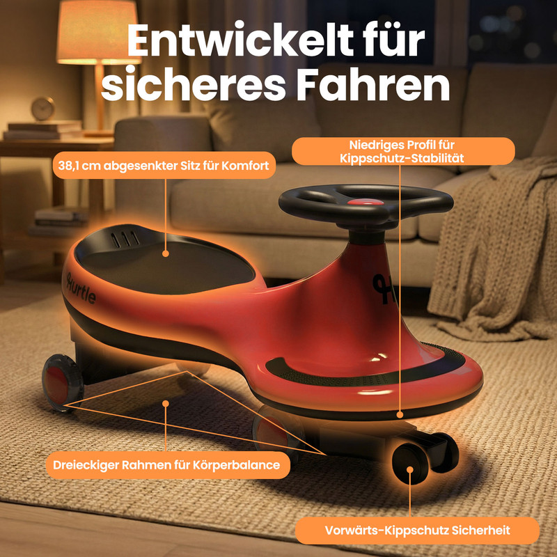 Ein rotes Schwungauto mit niedrigem Profil und Rädern, auf einem Teppich.
