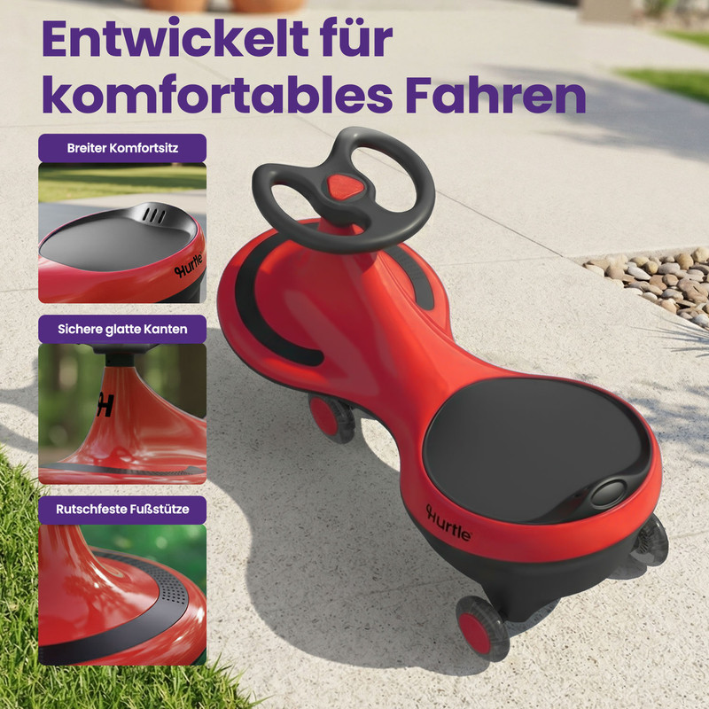 Rotes Kinderfahrzeug mit schwarzem Lenkrad und Sitz, auf einem Gehweg stehend.