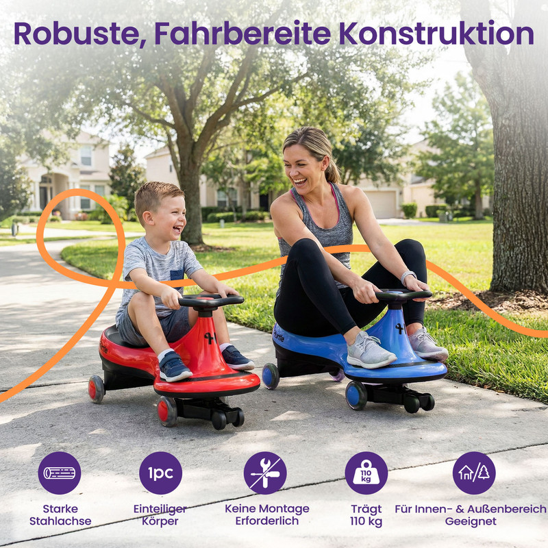 Mutter und Sohn fahren bunte Ride-On-Autos im Freien. Robuste Konstruktion.
