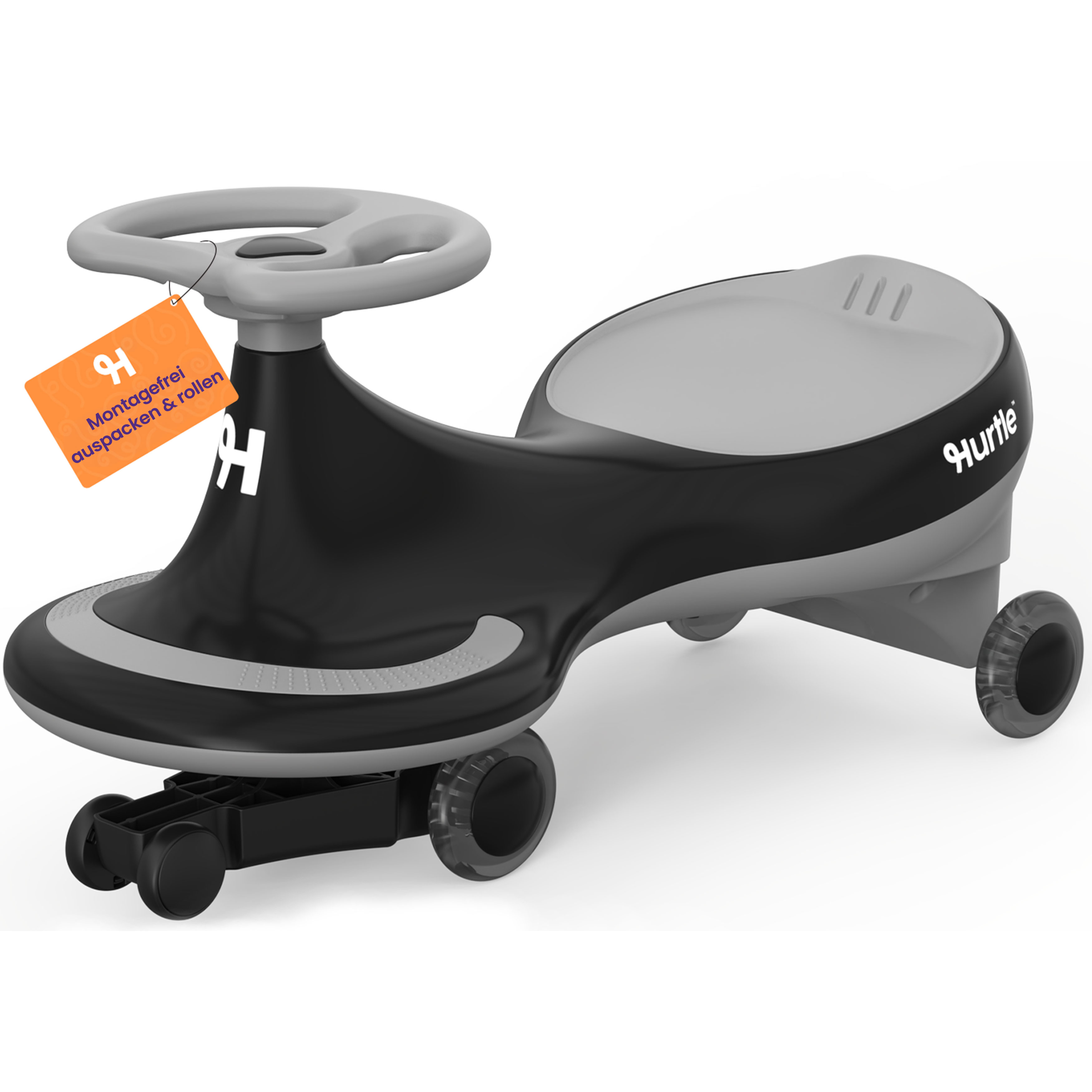 Ein schwarzer und grauer Spielzeug-Wippbuggy mit einem orangenen Anhänger.