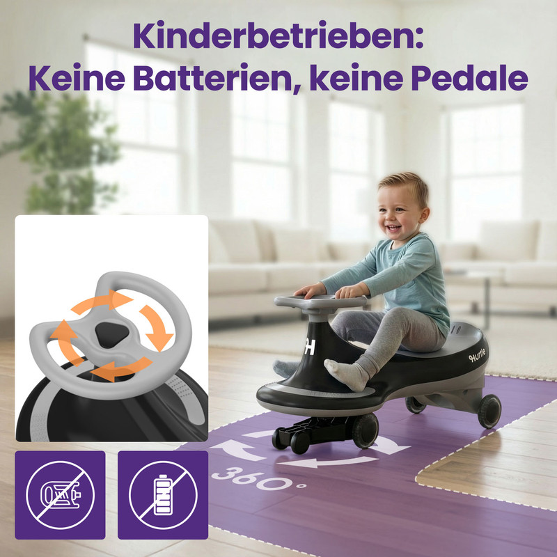 Ein lächelndes Baby fährt ein schwarzes und graues Spielzeugauto ohne Batterien oder Pedale.