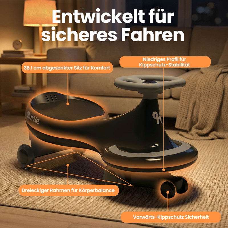 Ein schwarzer Hurtle-Roller mit Lenkrad auf einem Teppich, beleuchtet.