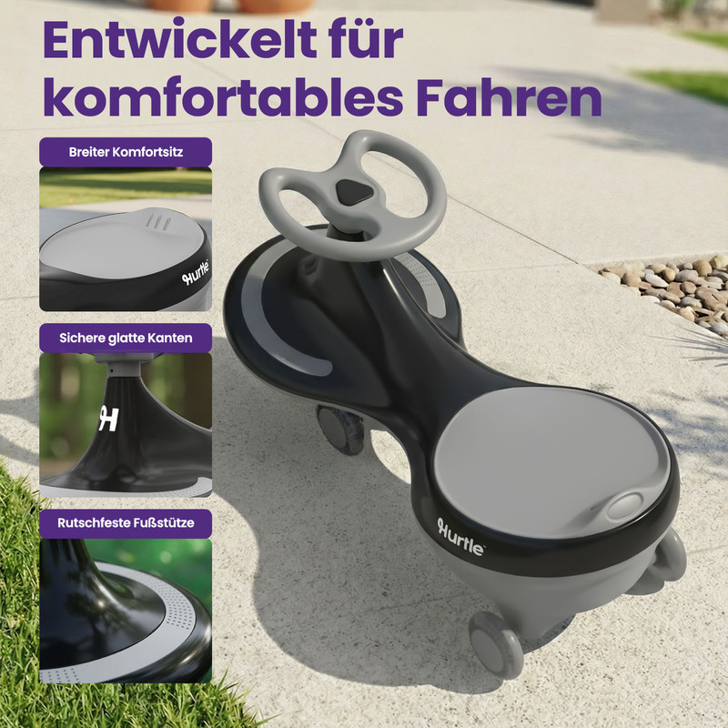 Ein schwarzer und grauer Kinder-Fahrspaß-Roller mit breitem Sitz und Lenkrad.