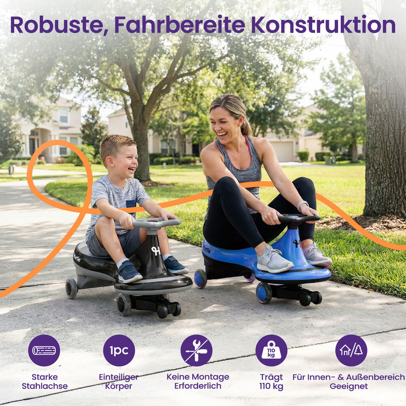 Frau und Junge fahren bunte Kinderfahrzeuge auf einer Straße.