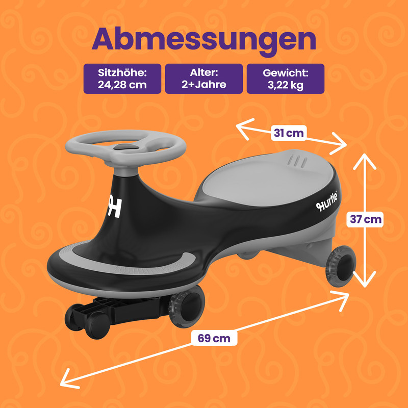 Ein schwarzer und grauer Kinderspielwagen mit Lenkrad und Maßen.