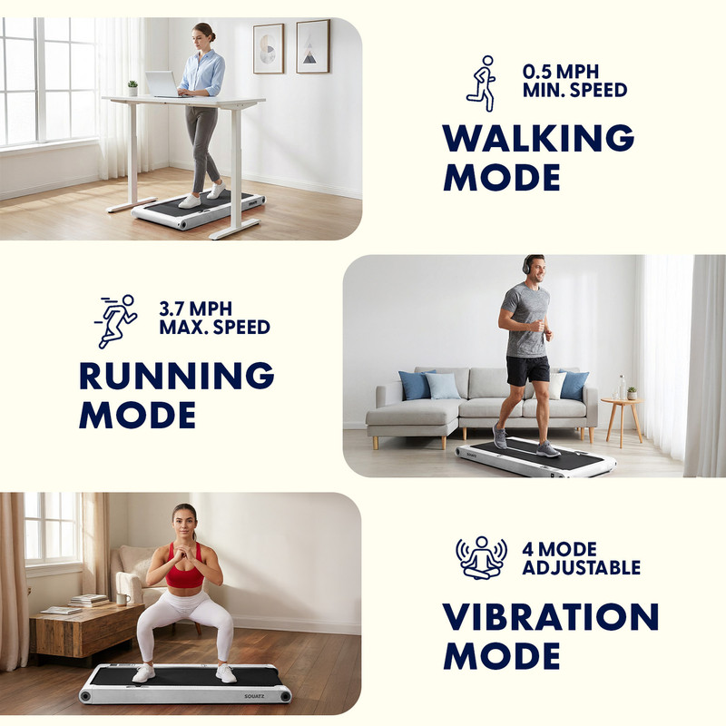 Layout mit drei Laufband-Modi: Gehen, Laufen, Vibration. Mann rennt, Frau geht.