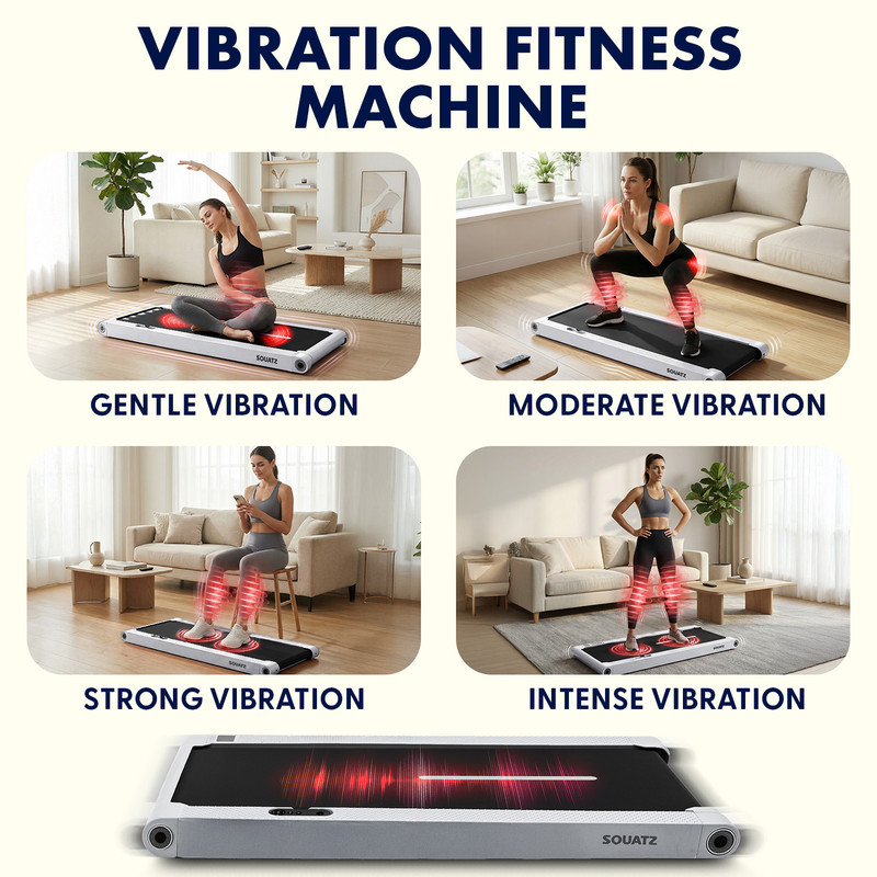 Vier Szenen einer Vibrationsfitnessmaschine mit unterschiedlichen Intensitäten.