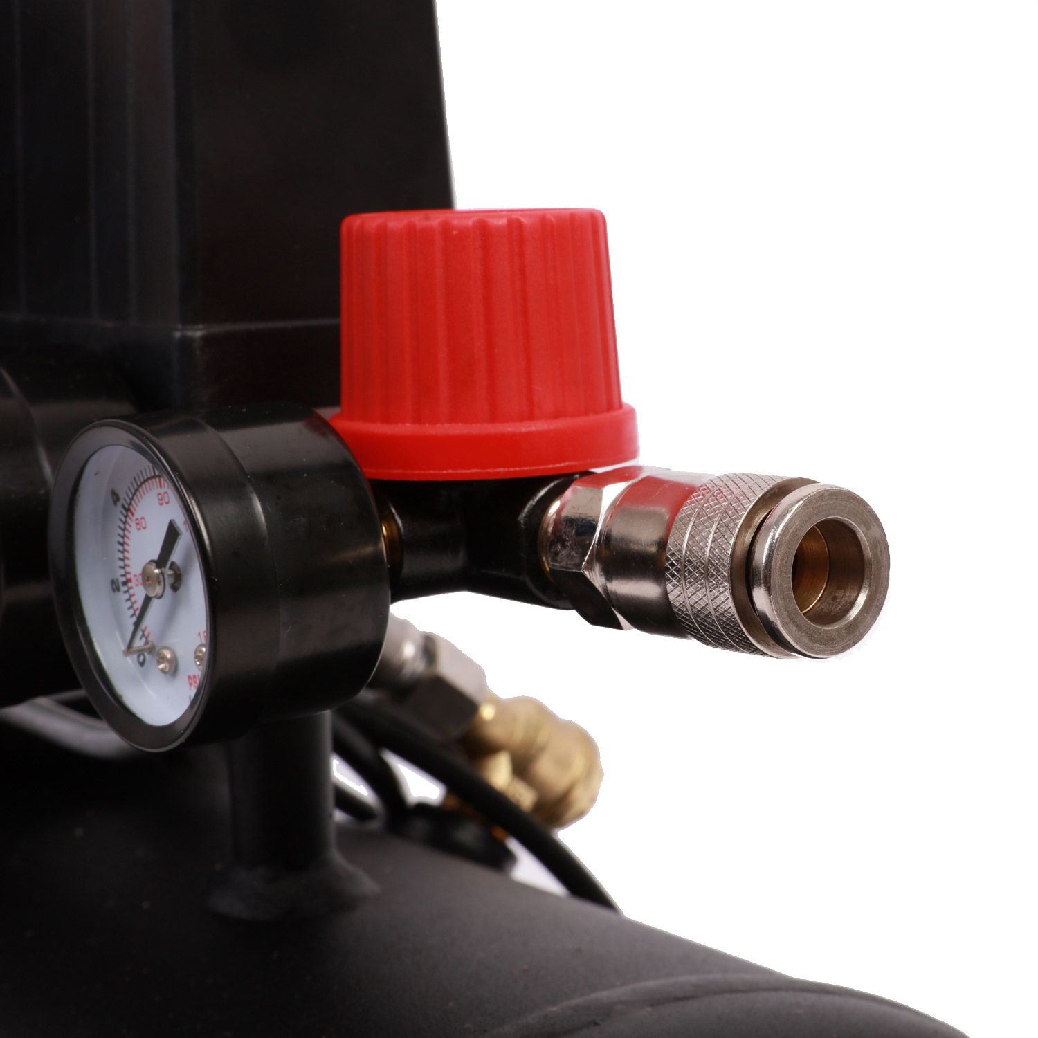 Nahaufnahme eines Kompressors mit Manometer und rotem Reglerknopf.